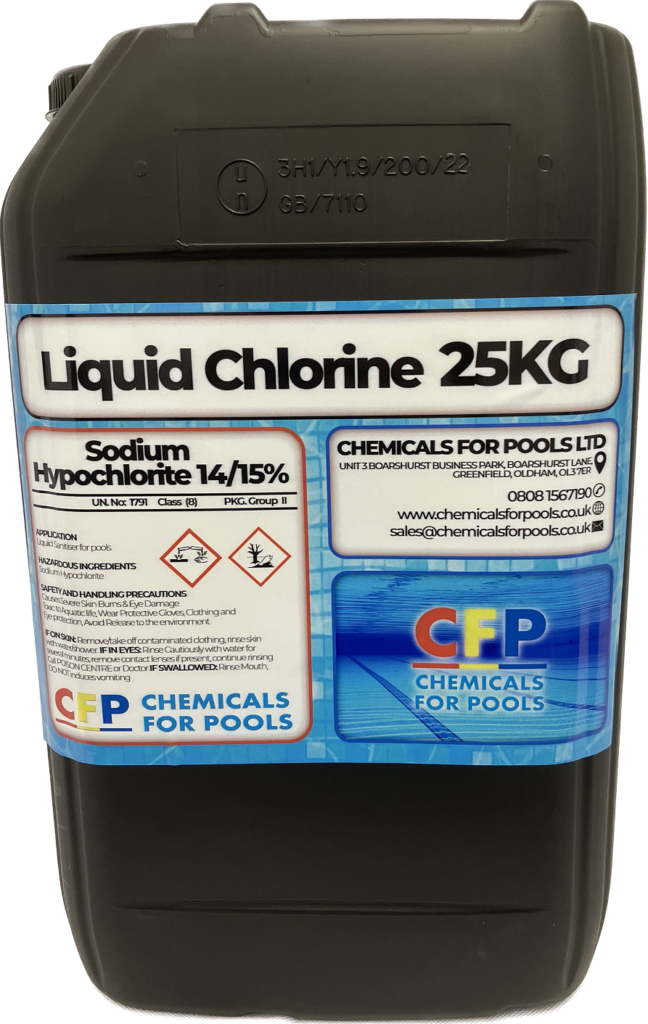 Liquid Chlorine 25KG (sanitiser and shock treatment) - Chemicals for Pools